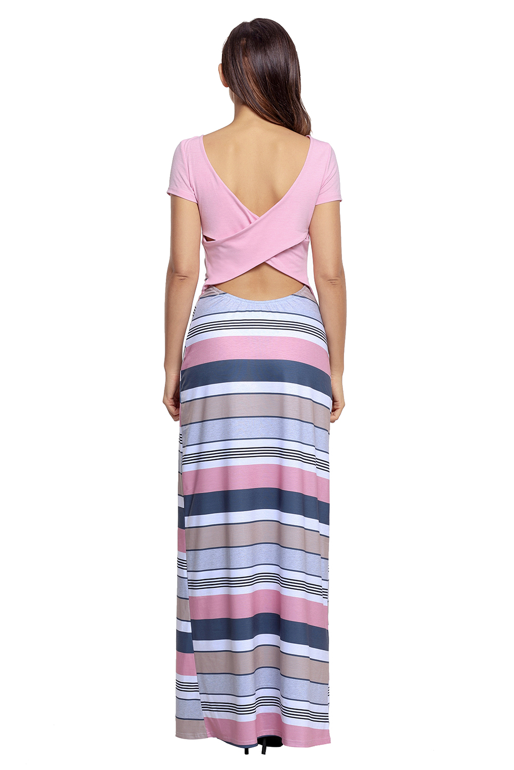 BY61482-10 Pink Crisscross Back Muliticolor Maxi Dress
